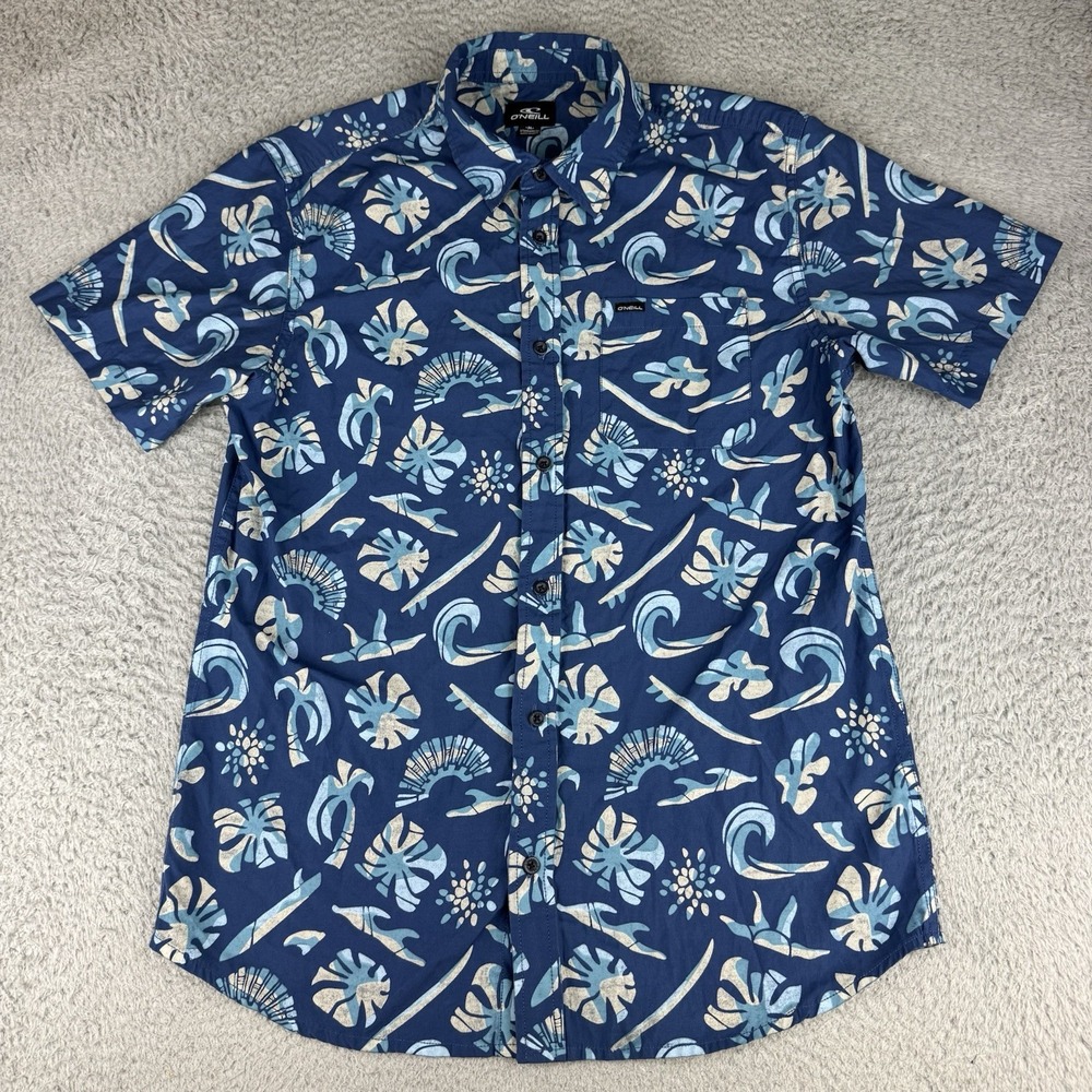 O'Neill Blue Beige Tropical Cotton Short Sleeve Button-Up Shirt Standard Fit M